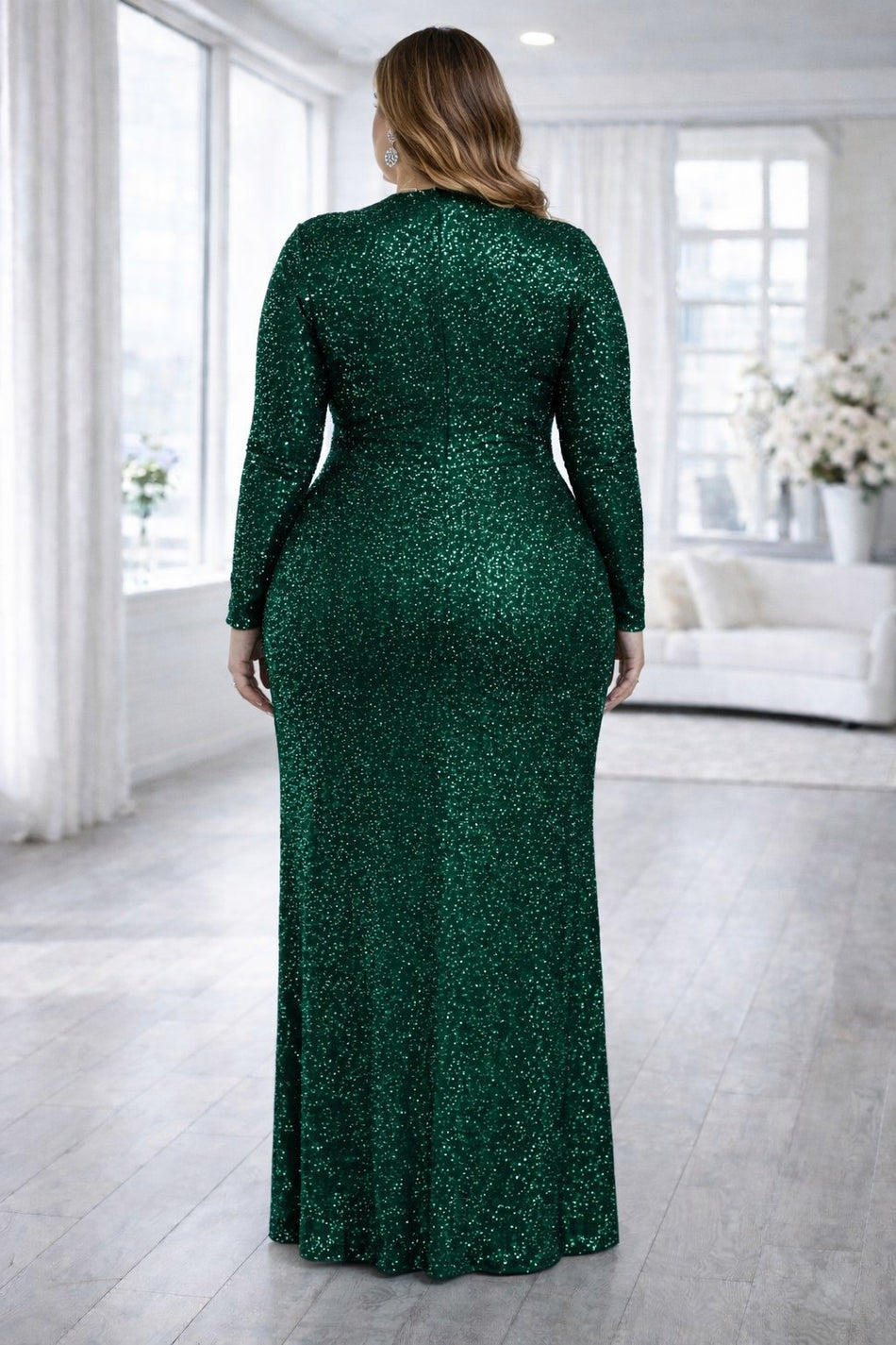 Plus Size Formal Evening Dress in emerald green back view, suitable for formal events and evening occasions