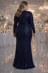 Plus Size Formal Evening Dress in navy blue back view, suitable for formal events and evening occasions