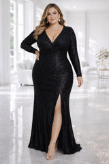Plus Size Formal Evening Dress in black front view, suitable for formal events and evening wear