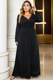 Plus Size Wrap Long Sleeve Evening Dress - Black