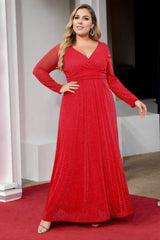 Plus Size Wrap Long Sleeve Evening Dress - Red