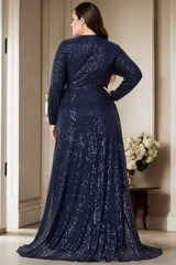 Plus Size Wrap Sequin Long Sleeve Gown - Blue Back View
