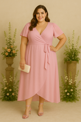 Plus Size Wrap Short Sleeve Chiffon Dress - pink