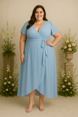 Plus Size Wrap Short Sleeve Chiffon Dress - pastel blue