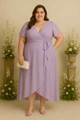 Plus Size Wrap Short Sleeve Chiffon Dress - lavender purple