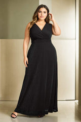 Plus Size Wrap V Neck Evening Dress - Black