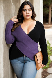Plus Size Wrap V Neck Sweater - Purple