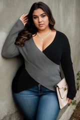 Plus Size Wrap V Neck Sweater - Grey