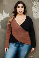 Plus Size Wrap V Neck Sweater - Brown