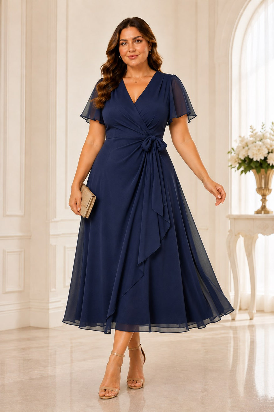 Plus size wrap midi dress with flutter sleeves, waist tie and flowing A-line skirt in navy.