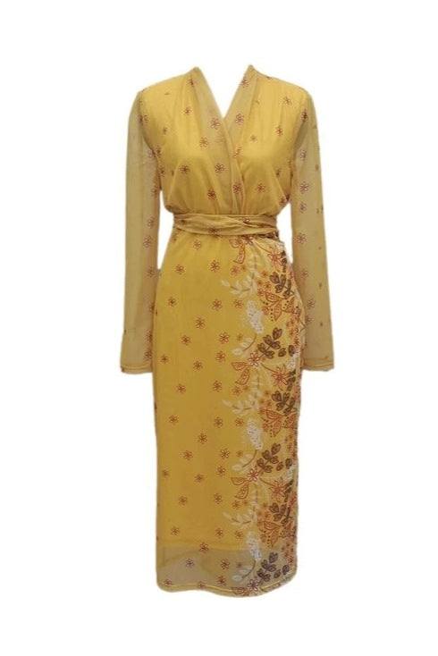 Plus Size Wedding Guest Midi Dress in yellow floral, with wrap v neck and long sleeves