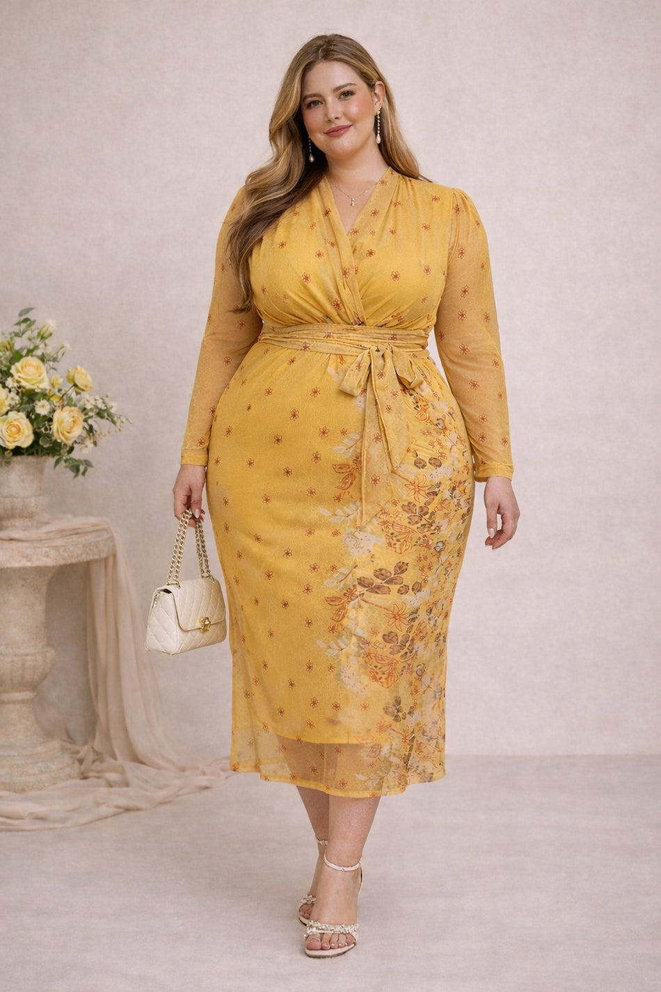 Plus Size Wedding Guest Midi Dress in yellow floral, suitable for weddings and formal events