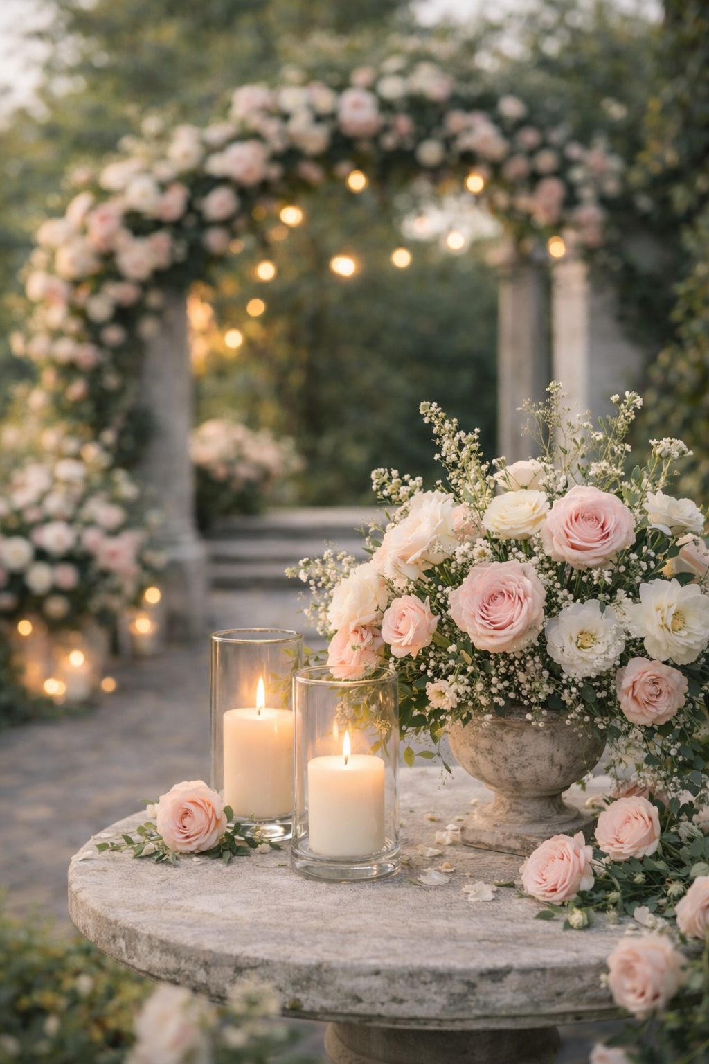 romantic garden floral arrangement with candles reflecting the elegant aesthetic of hello curve fashion