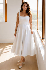 Romilly white plus size midi dress with a square neckline, fitted bodice and flattering A-line skirt for bridal showers, engagement parties and special occasions.