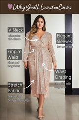 plus size champagne gold formal dress highlighting plus-size friendly features like V neck, empire waist, and stretch fabric.