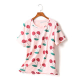 Elly 2 Piece Plus Size Cherry Print Short Sleeve T Shirt Top And Pink V Neck Dungaree Sleeveless Dress Set