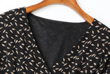 Alena Leafs Printed V Neck Tier Chiffon Plus Size Mid Sleeve Midi Dress (Black)