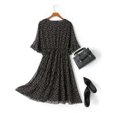Alena Leafs Printed V Neck Tier Chiffon Plus Size Mid Sleeve Midi Dress (Black)