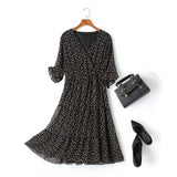 Alena Leafs Printed V Neck Tier Chiffon Plus Size Mid Sleeve Midi Dress (Black)