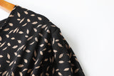 Alena Leafs Printed V Neck Tier Chiffon Plus Size Mid Sleeve Midi Dress (Black)