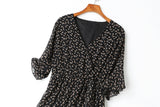 Alena Leafs Printed V Neck Tier Chiffon Plus Size Mid Sleeve Midi Dress (Black)