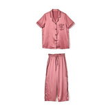 Tallulah Plus Size Pyjamas Set in Silky Satin: Short Sleeve Shirt Blouse and Long Pants Set (Blue, Pink)