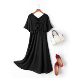 Cella Plus Size V Neck Ribbon Swing Short Sleeve Midi Dress