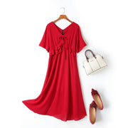 Cella Plus Size V Neck Ribbon Swing Short Sleeve Midi Dress