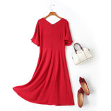 Cella Plus Size V Neck Ribbon Swing Short Sleeve Midi Dress