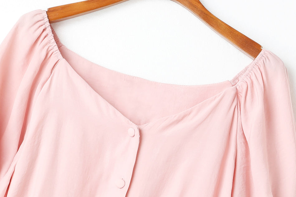 Amalie Pastel Colour Buttons V Neck Plus Size Mid Sleeve Blouse (Pink, Blue, Black)