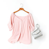 Amalie Pastel Colour Buttons V Neck Plus Size Mid Sleeve Blouse (Pink, Blue, Black)