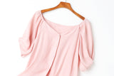 Amalie Pastel Colour Buttons V Neck Plus Size Mid Sleeve Blouse (Pink, Blue, Black)