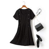 Erika Plus Size Black Grommet Buttons With Pockets Flare Hem Short Sleeve Dress