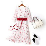 Estelle Plus Size Japanese Floral Print Red Kimono Waist Tie Mid Sleeve Midi Dress