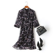 Gina Plus Size Floral Print Chiffon Cheongsam Qipao Mid Sleeve Dress (Black)