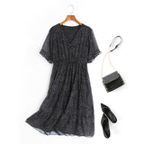 Alyssa Polka Dots Printed V Neck Tier Chiffon Plus Size Short Sleeve Midi Dress