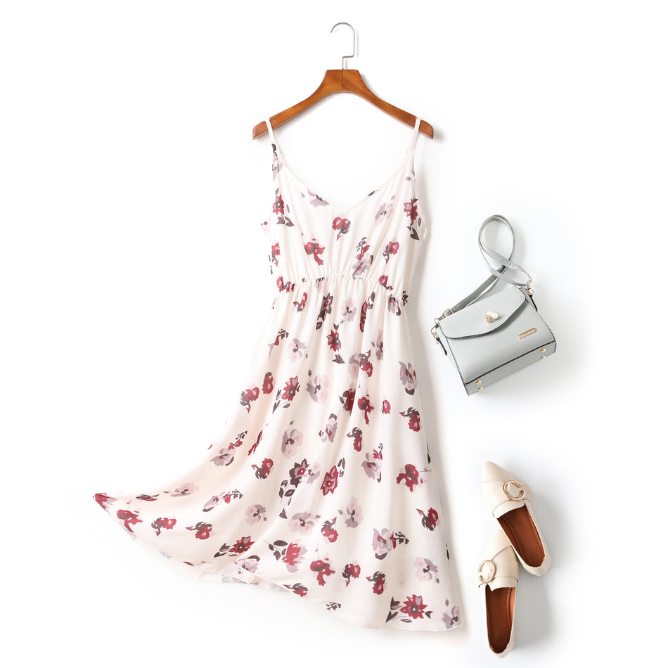 Elizabeth Plus Size White Floral Print V Neck Camisole Sleeveless Dress