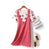Elly 2 Piece Plus Size Cherry Print Short Sleeve T Shirt Top And Pink V Neck Dungaree Sleeveless Dress Set