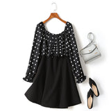 (2 Way Wear!) Hope Plus Size Polka Dots Colour Block Swing Off Shoulder Long Sleeve Dress (Black)