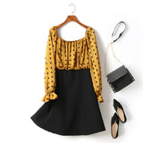 (2 Way Wear!) Hope Plus Size Polka Dots Colour Block Swing Off Shoulder Long Sleeve Dress (Yellow)