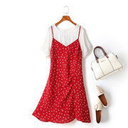 Esmeralda 2 Piece Plus Size White Short Sleeve Blouse And Hearts Print Side Gather Camisole Sleeveless Dress (Red, Black)