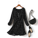 Fleta Plus Size V Neck Square Print (Two Way Wear Incl. Off Shoulder) Long Sleeve Dress (Cream, Black)