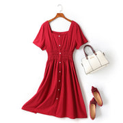 Evonne Plus Size Square Neck Buttons Waist Scrunch Swing Short Sleeve Midi Dress (Red, Blue, Black)