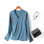 Josie Plus Size Wrap V Neck Cherry Embroidery Knit Sweater Long Sleeve Blouse (Blue, Cream, Black)