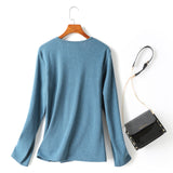 Josie Plus Size Wrap V Neck Cherry Embroidery Knit Sweater Long Sleeve Blouse (Blue, Cream, Black)