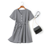 Claire Plus Size Checks Print V Neck Buttons Waist Bow Tie Swing Short Sleeve Dress (Blue, Yellow)