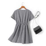 Claire Plus Size Checks Print V Neck Buttons Waist Bow Tie Swing Short Sleeve Dress (Blue, Yellow)