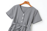 Claire Plus Size Checks Print V Neck Buttons Waist Bow Tie Swing Short Sleeve Dress (Blue, Yellow)