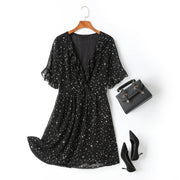 Cassandra Plus Size Stars Print Chiffon V Neck Frill Bell Sleeve Short Sleeve Dress (White, Black)