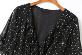Cassandra Plus Size Stars Print Chiffon V Neck Frill Bell Sleeve Short Sleeve Dress (White, Black)